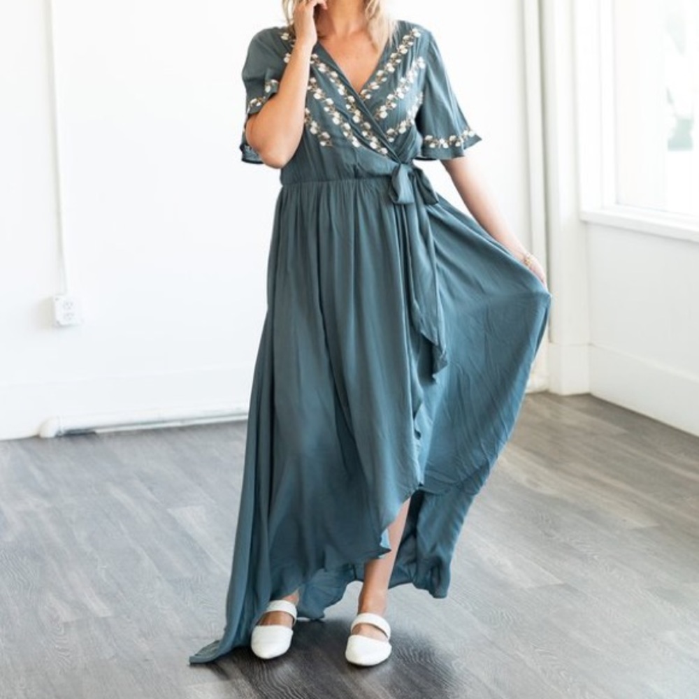 Blue Floral Embroidered High Low Dress